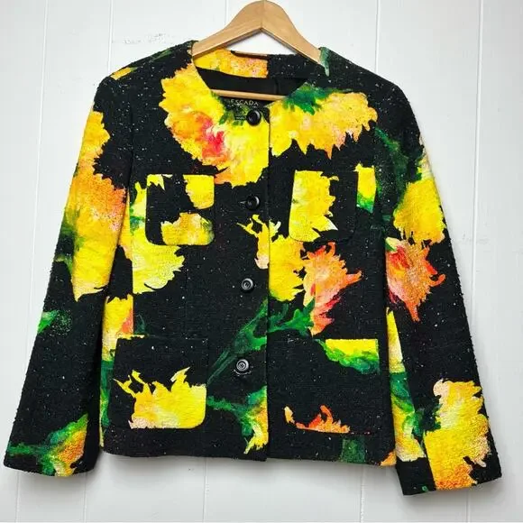 Escada Tweed Black Yellow Floral Cropped Jacket Women’s Size Large/EU40